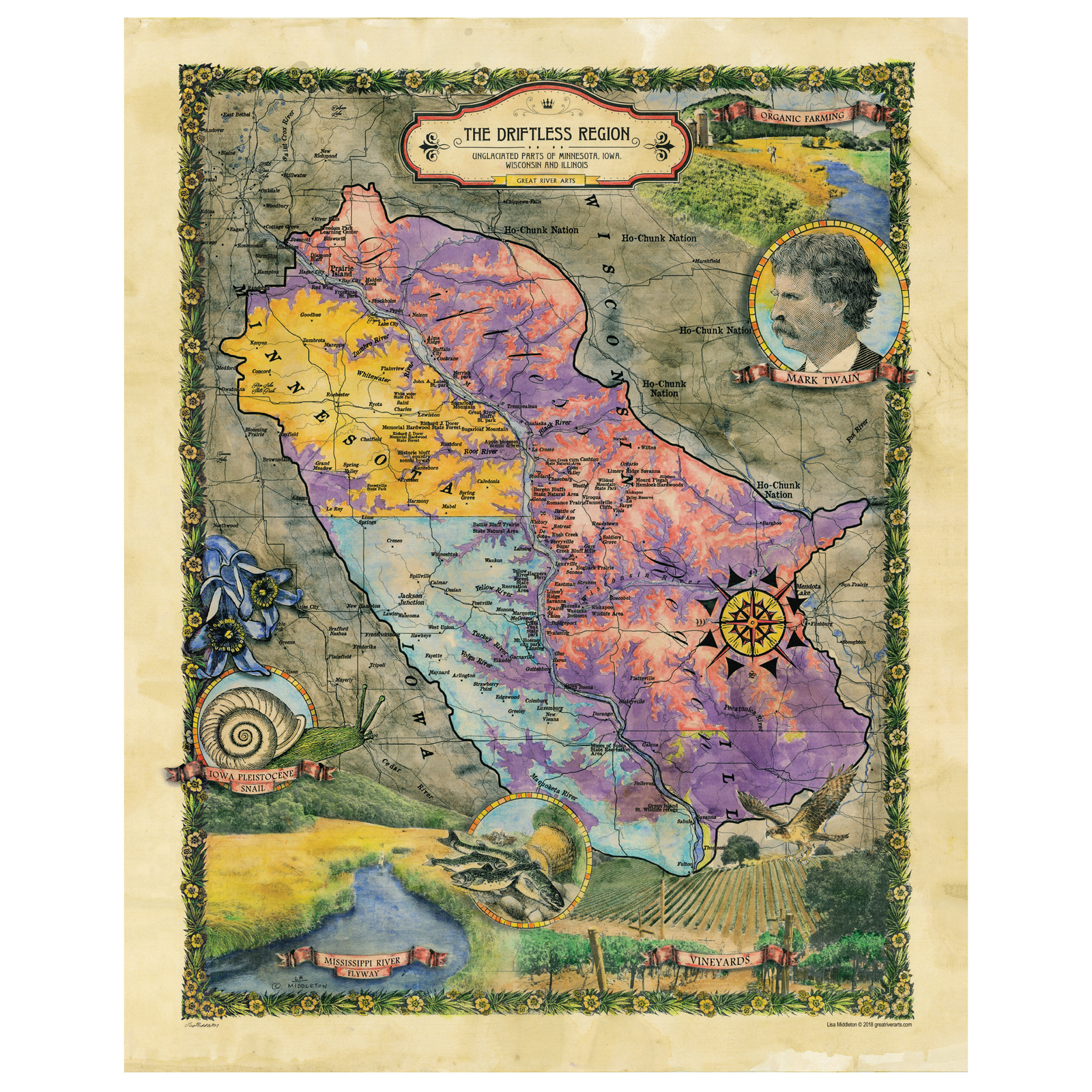 Wisconsin Mississippi River Driftless Region Historic Map Artwork Wall Art Print