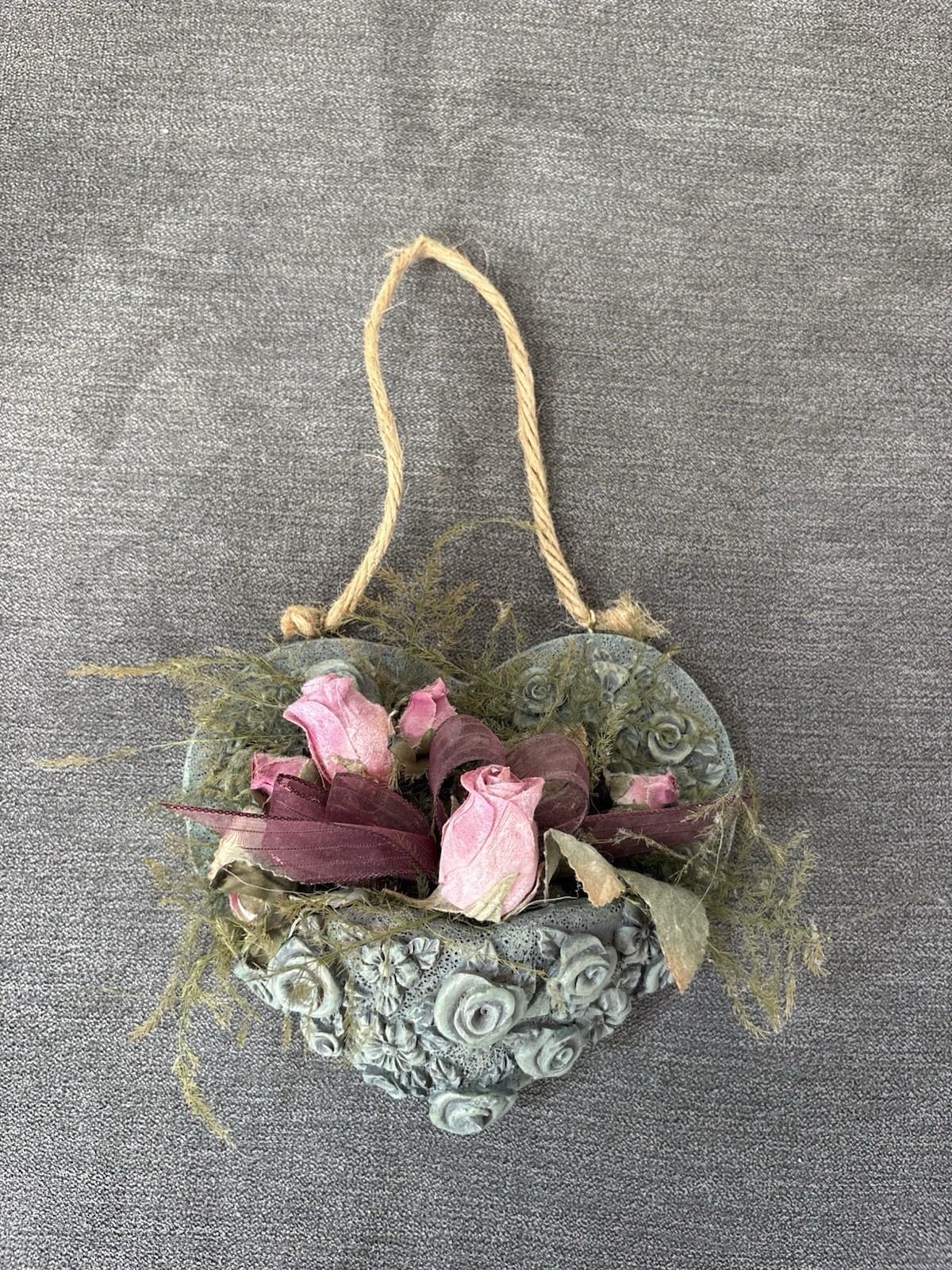 Shabby Chic Pink Roses, Resin? Heart Heavy Wall Hanging Florals, Moss, Leaves