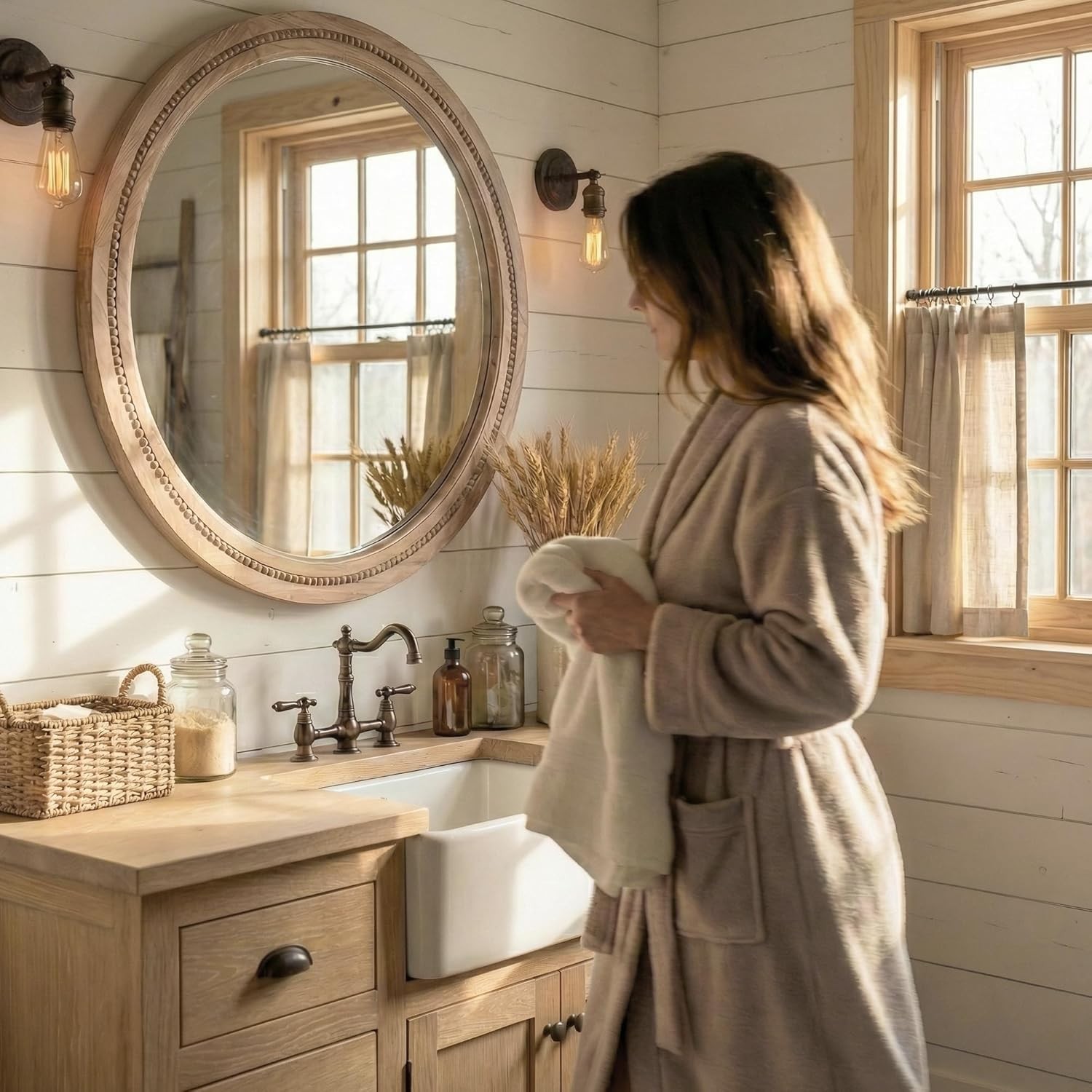 30&Prime; Round Solid Wood Mirror, Handcrafted Beaded Circle for Bathroom Vanity
