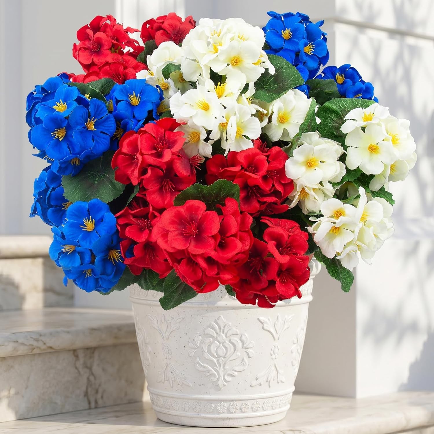 Patriotic Silk Geraniums – 12 Pcs Realistic Flowers for Home and Outdoor Decor