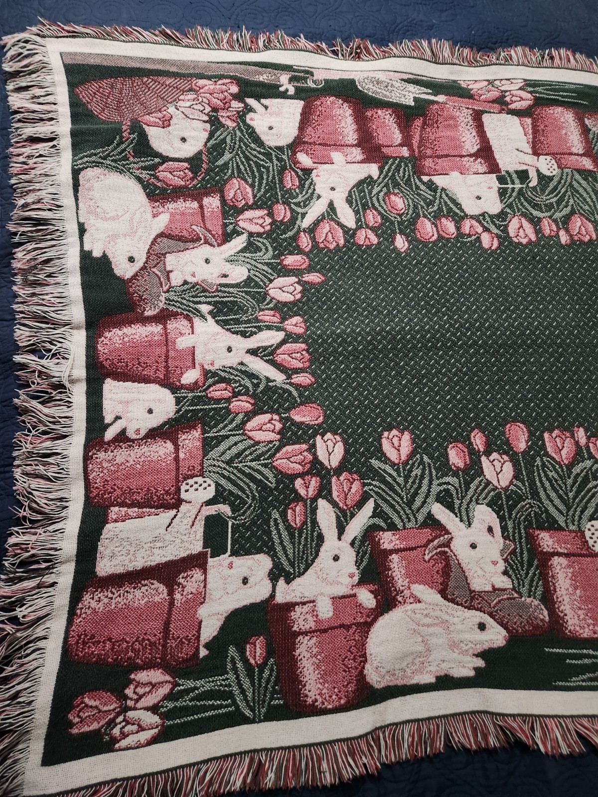 Vintage 1994 WWM Bunny Gardening Tapestry Throw Blanket Tulip Border 46×68