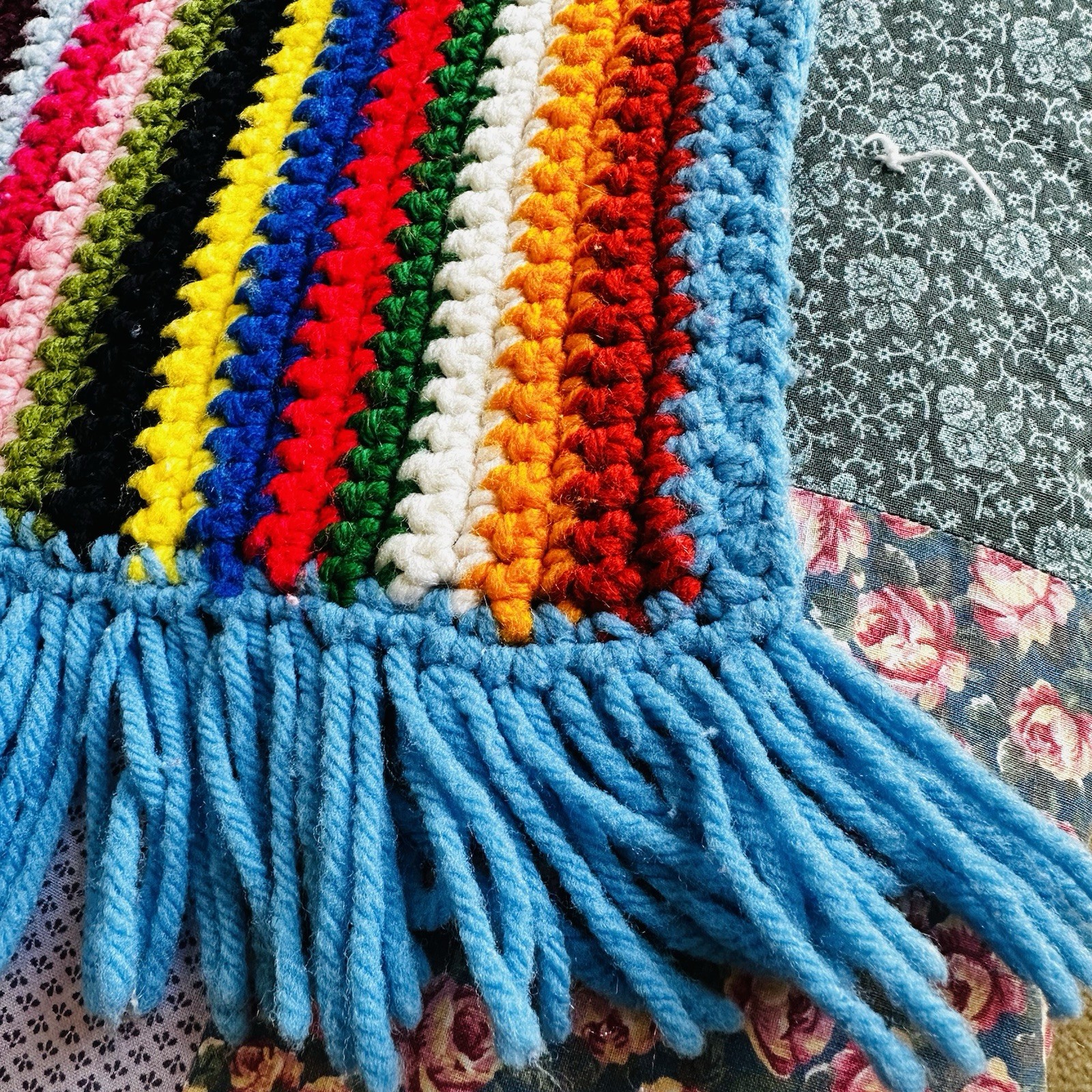 Handmade Crochet Afghan Throw Blanket Multicolor Rainbow Striped Blue Fringe