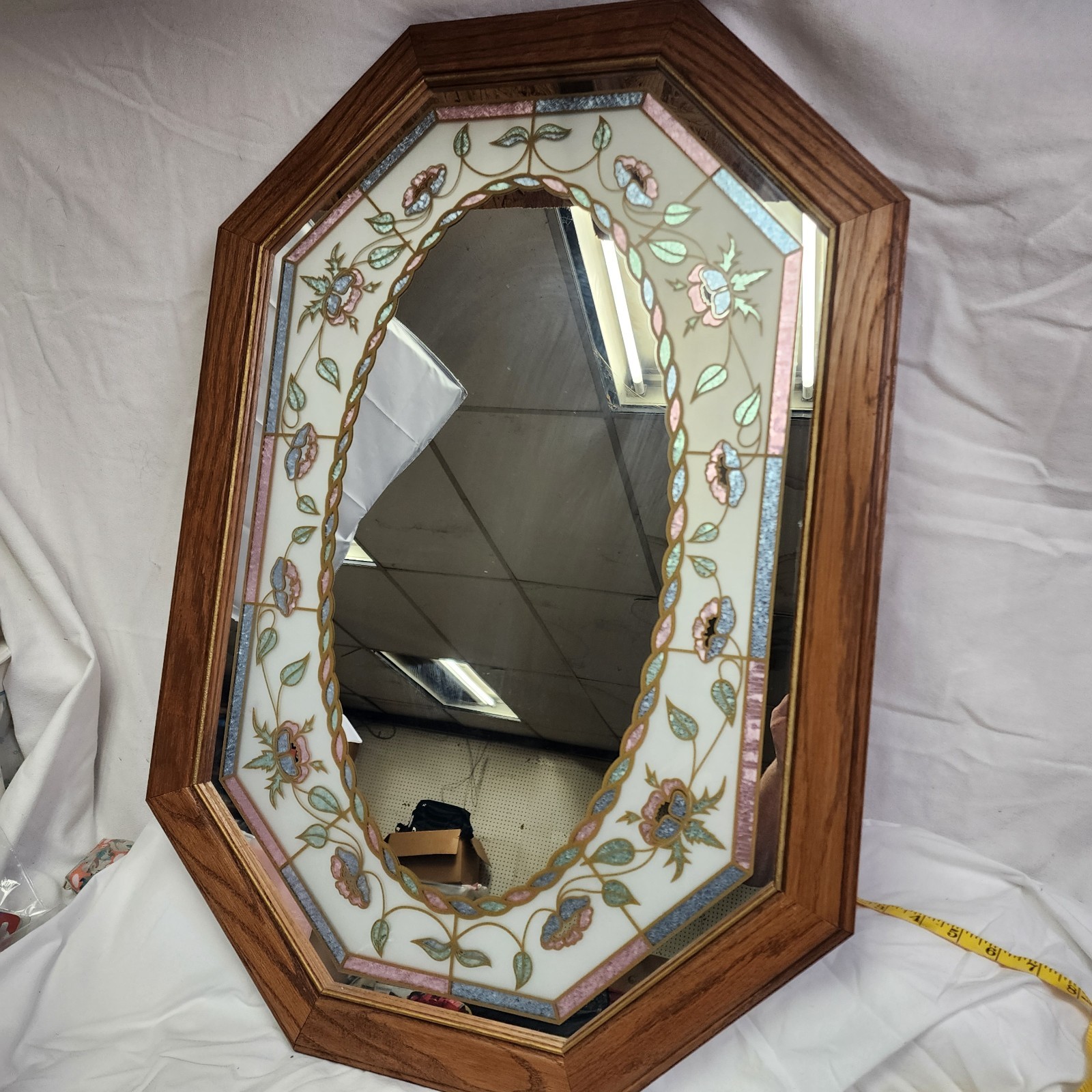 Vintage Cottagecore Floral Etched Stained Glass Mirror Octagon 1980s 90s 21&Prime;x31&Prime;