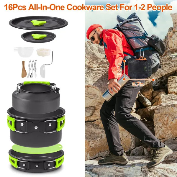 16Pcs Camping Cooking Ware Set Camping Stove Cookware Kit Aluminum Pot Pan Kettl