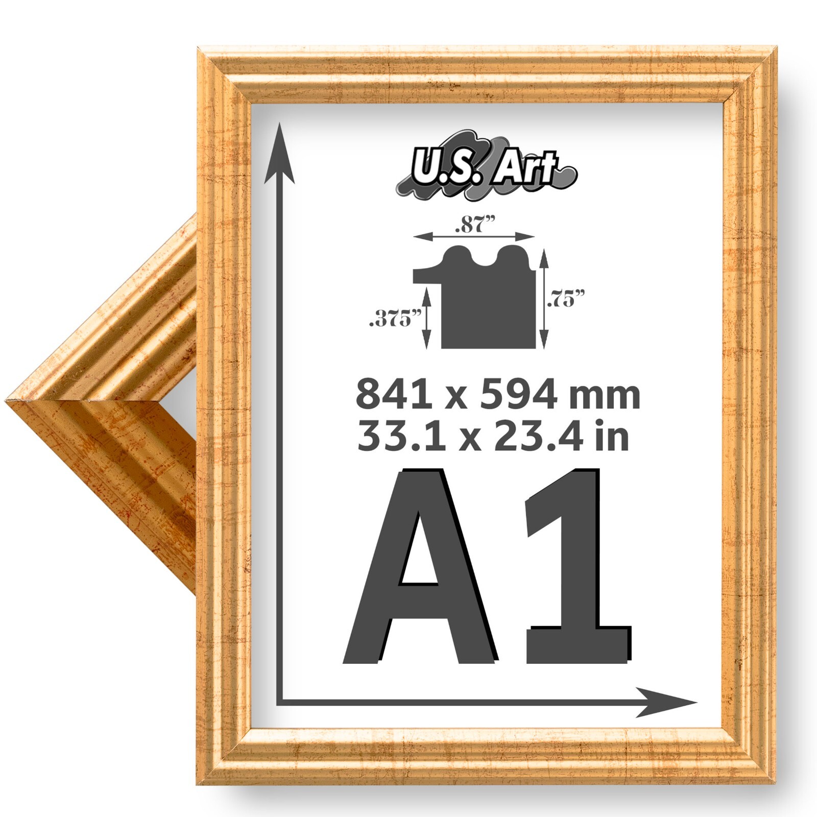 US Art Picture Frame A1 to A6 Paper Size – 0.75&Prime; Wide Poplar Wood – Antique Gold