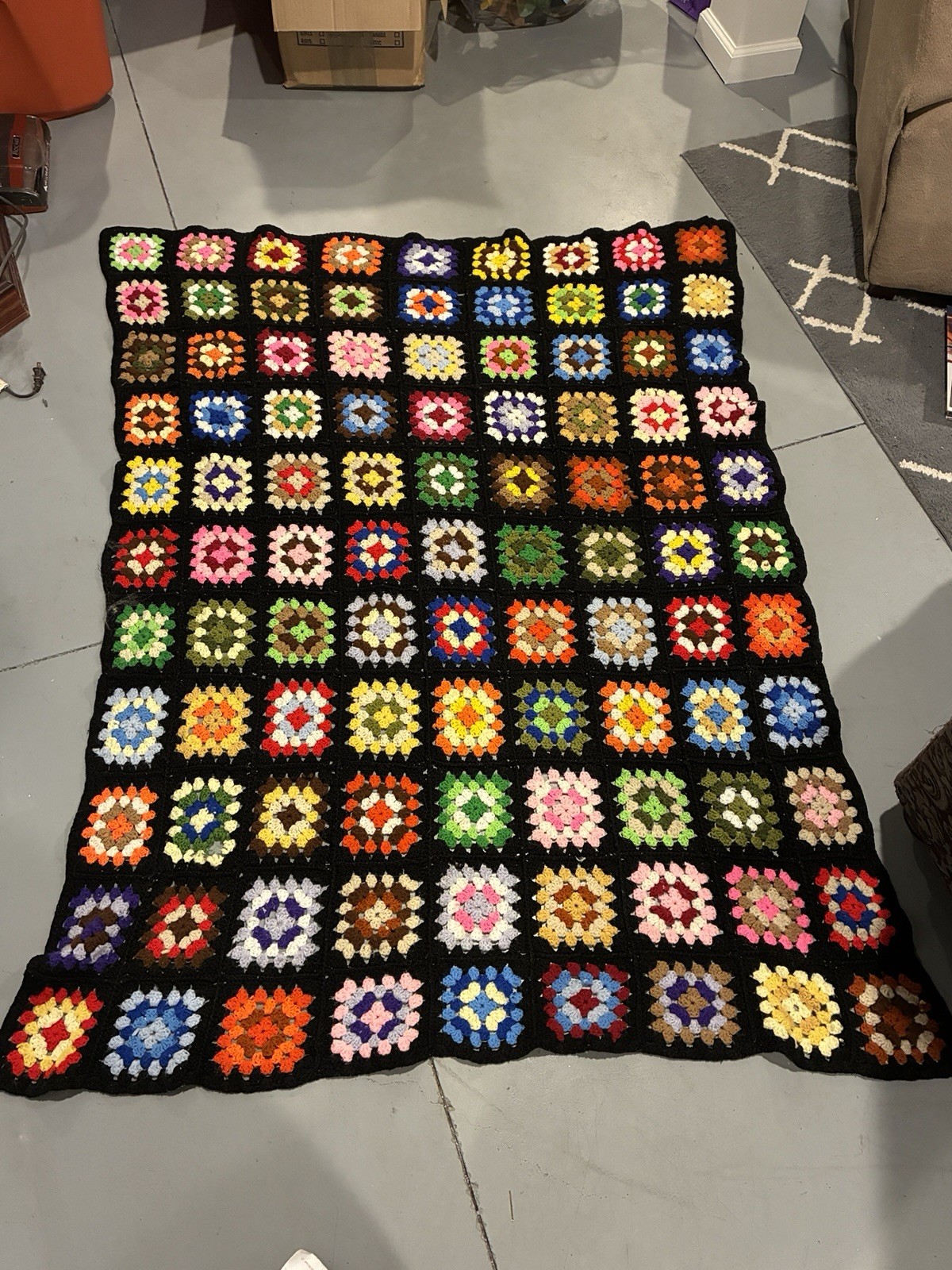 Rare Vintage Large 54×67 Handmade Granny Square Afghan Multi Color Throw Blanket