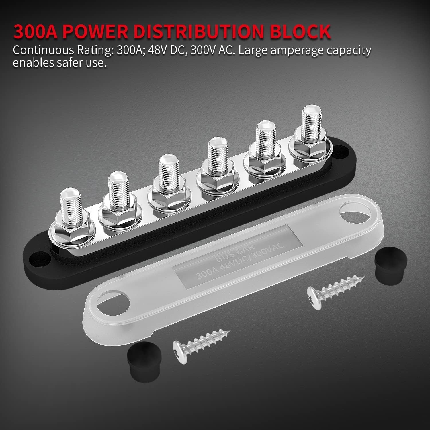 300A Bus Bar 12V Marine 12V Power Distribution Block with Cover 6 x 3/8&Prime; (M10) T