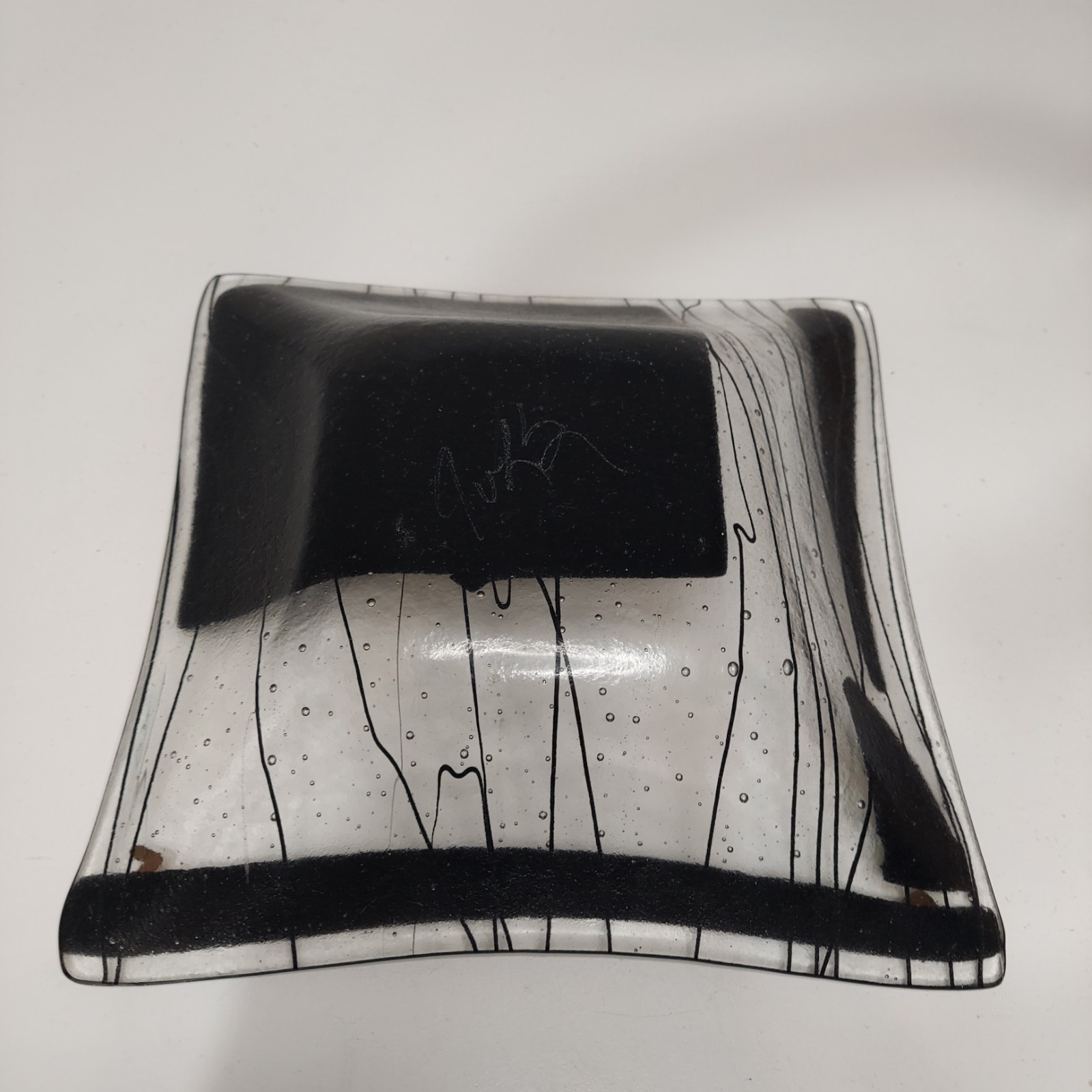 Signed Art Glass Modern Iridescent Fused Deep Dish Glass Square Plate/Plate Mcm