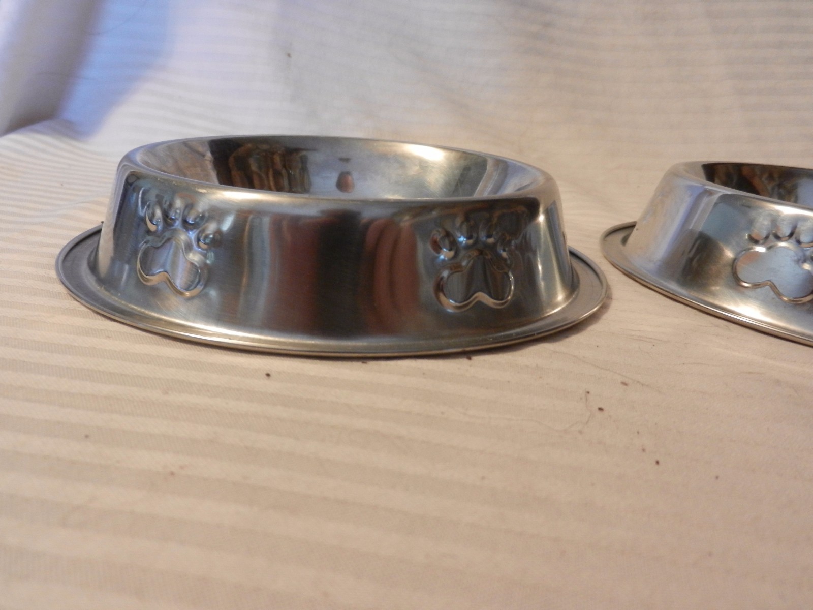 Pair of Silver Metal Small Dog Bowls With Embossed Paw Prints