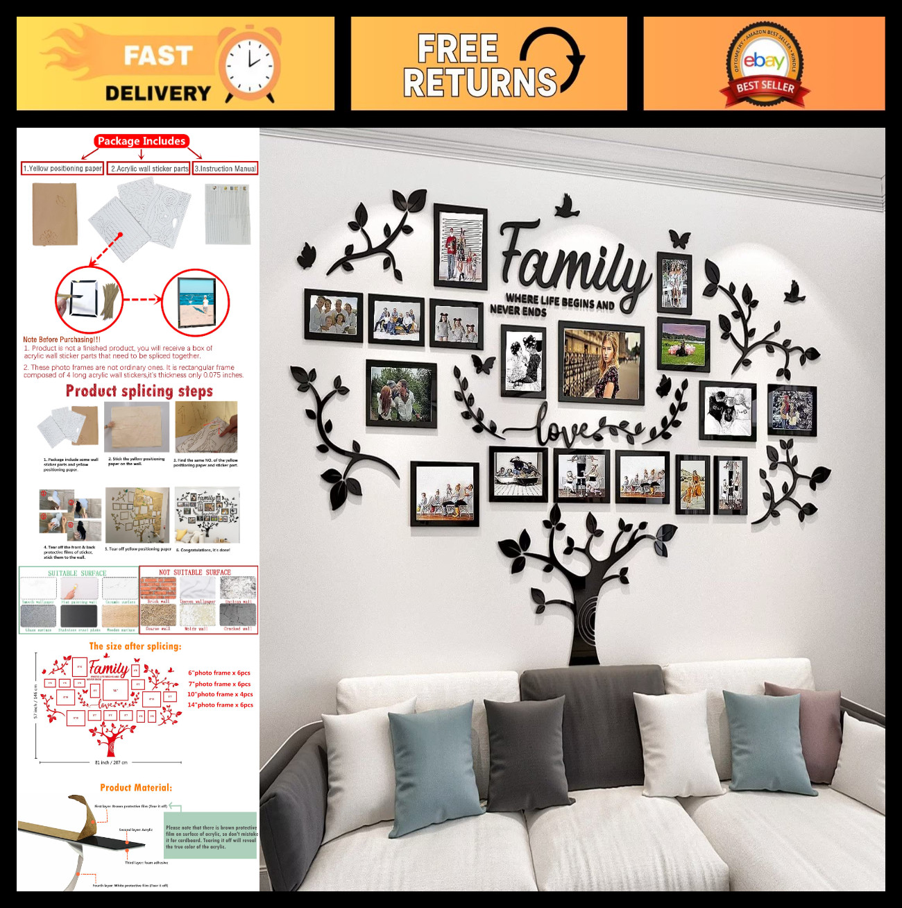 3D Family Tree Wall Art Sticker – DIY Picture Frame Collage for Living Room Deco
