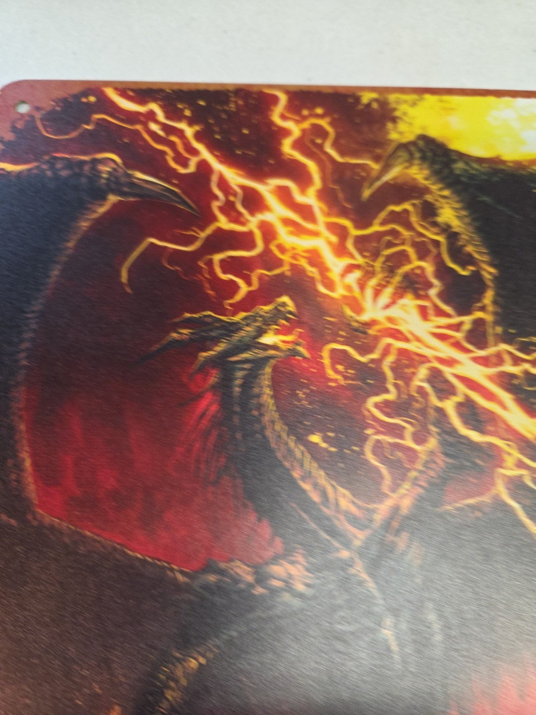 Fantasy Dragon vs Wizard Metal Sign Wall Art Plaque Fire Lightning Gothic Decor