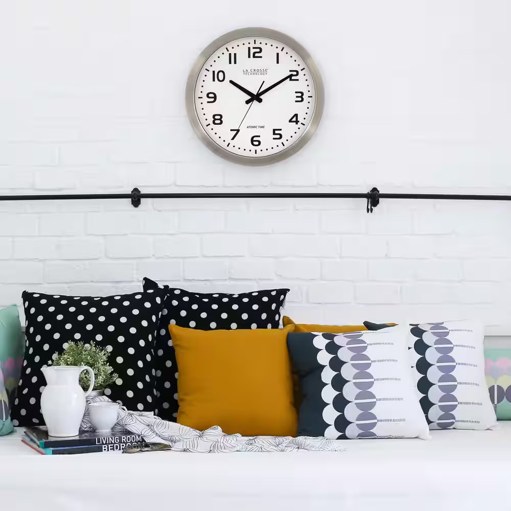 16 In. White Dial Brushed Silver Atomic Analog Wall Clock
