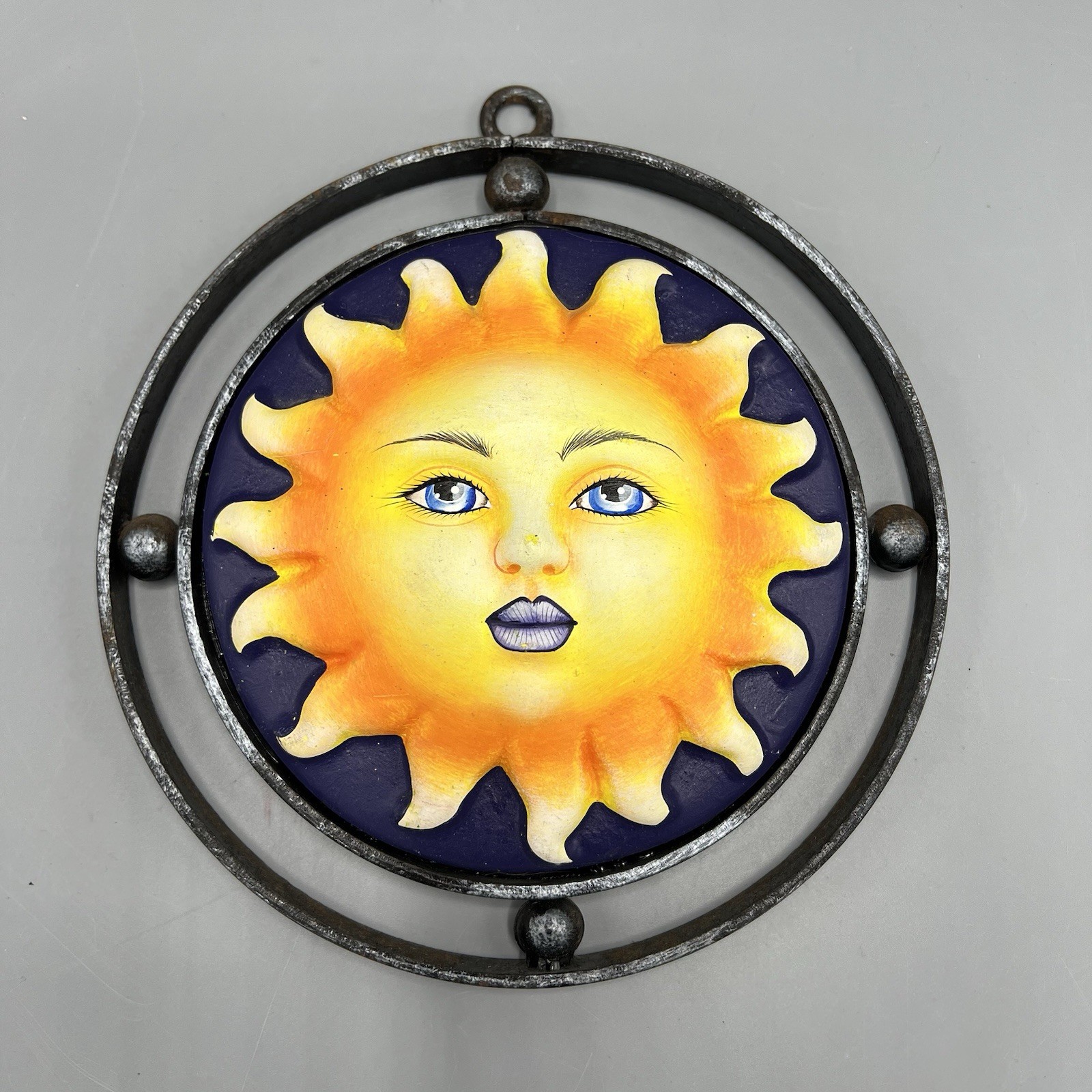 Ceramic & Metal Colorful Celestial Sun Face Wall Decor Hanging 8”