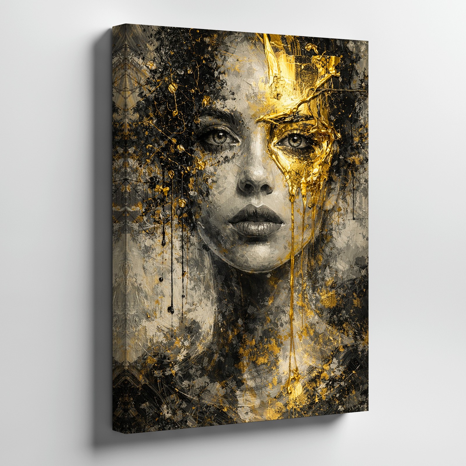 Abstract Modern Woman Face Canvas Wall Art Gold Black Textured Contemporary