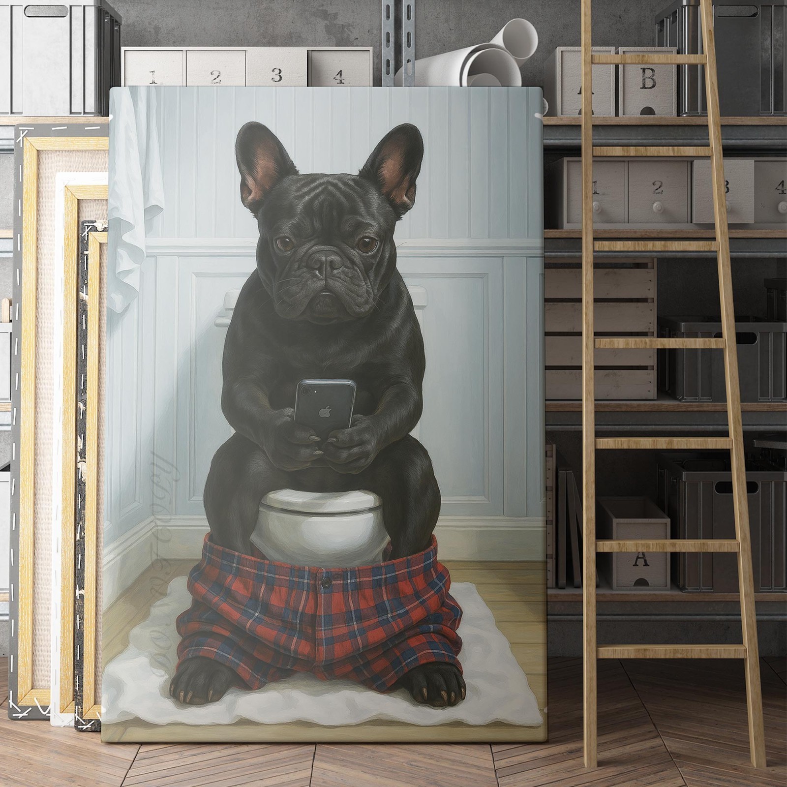 French Bulldog On The Phone On The Toilet Funny Bathroom Canvas Wall Art Print
