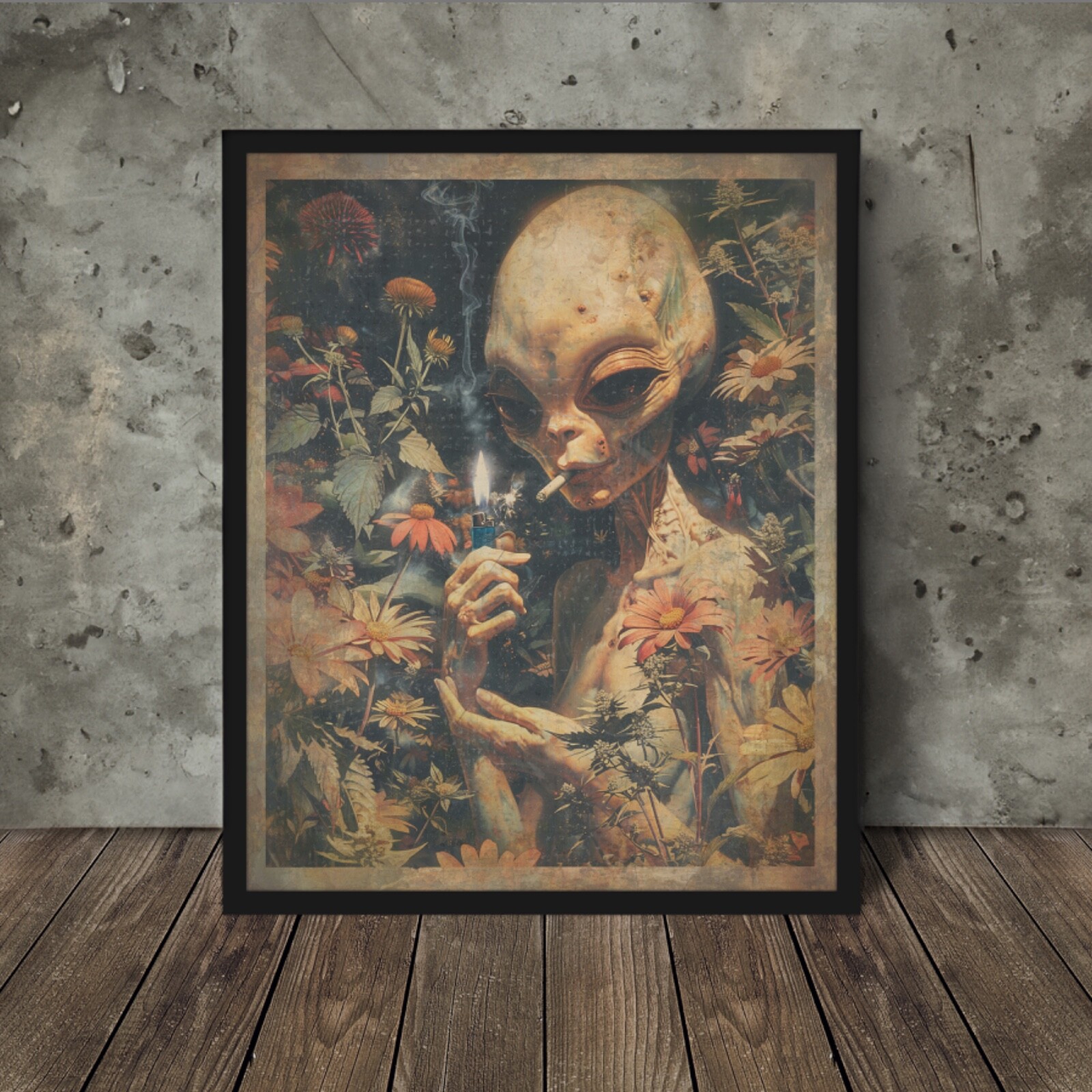 Retro ALIEN CANNABIS Wall Art, Vintage Sci-fi Cryptid Smoke 420 Pot Weed Poster