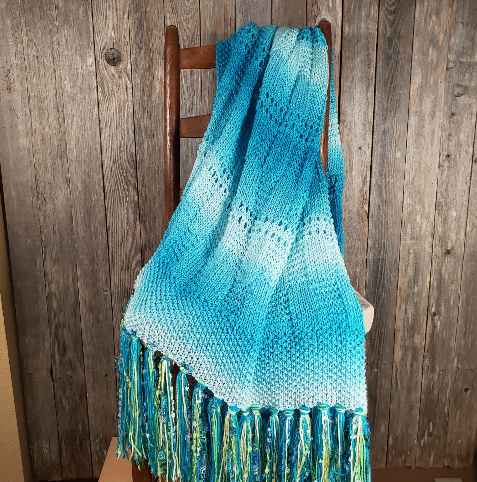 NEW Turquoise Blue Ombre Handmade Knitted Afghan Throw Knit Gift Decor Whimsy