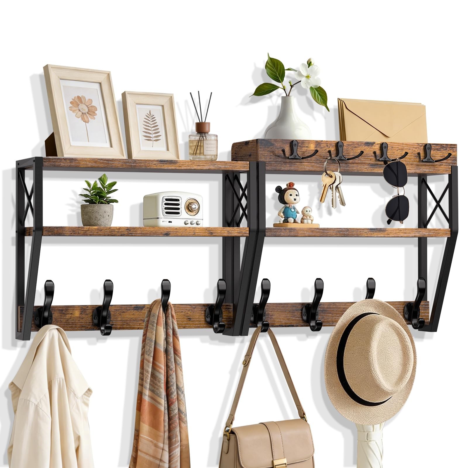 « 32Inch Wall Mount Coat Rack with Shelf, 12 Hooks, Brown Wood & Metal »