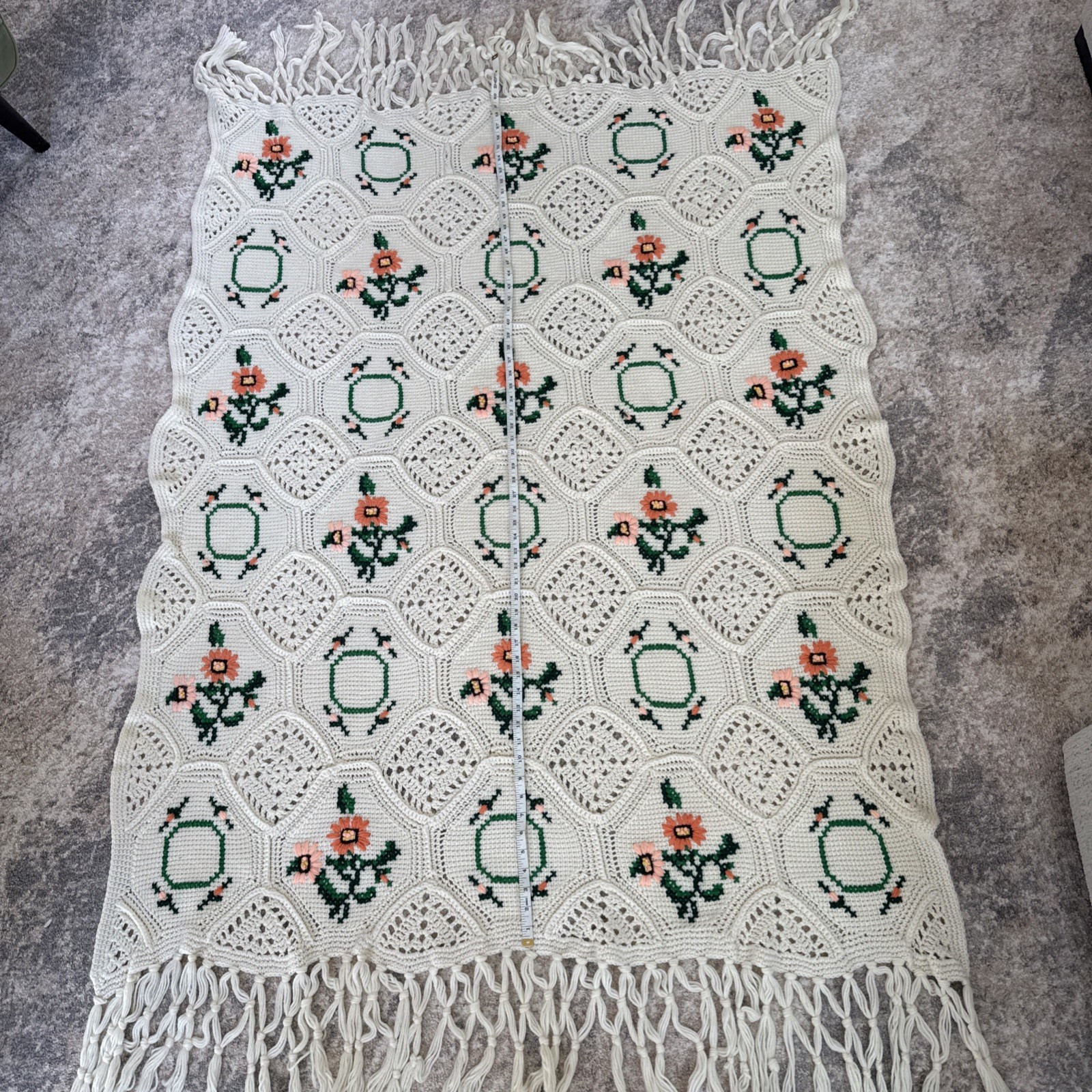Cream Crocheted Blanket w/ Hexagons Embroidered Peach Floral Designs Fringe Ends