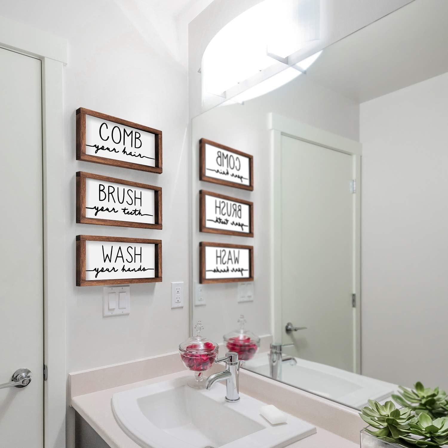 Rustic Bathroom Sign Set – Wash Brush Comb