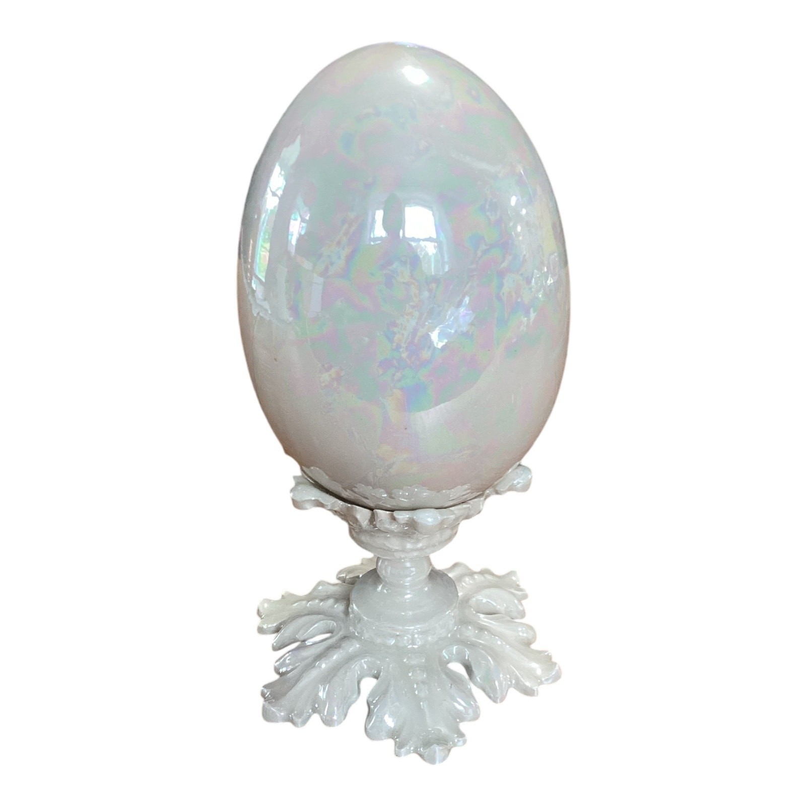 Iridescent White Ceramic Egg on Ornate Pedestal Base 6 Inch Easter Decor