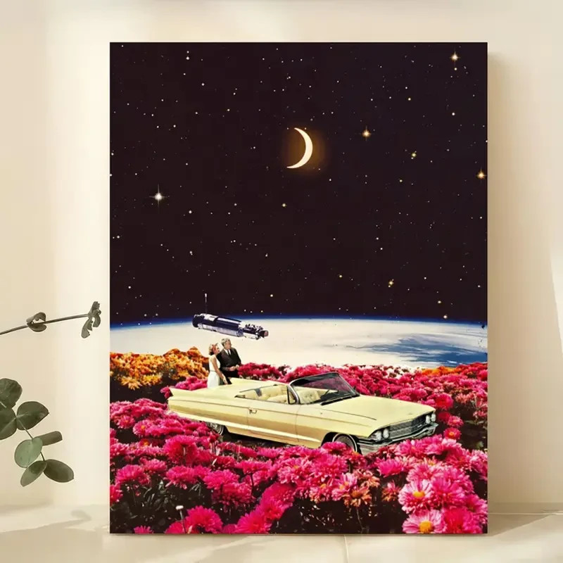 Surreal Space Landscape Wall Art Vintage Car in Flower Field with Earth &Shuttle