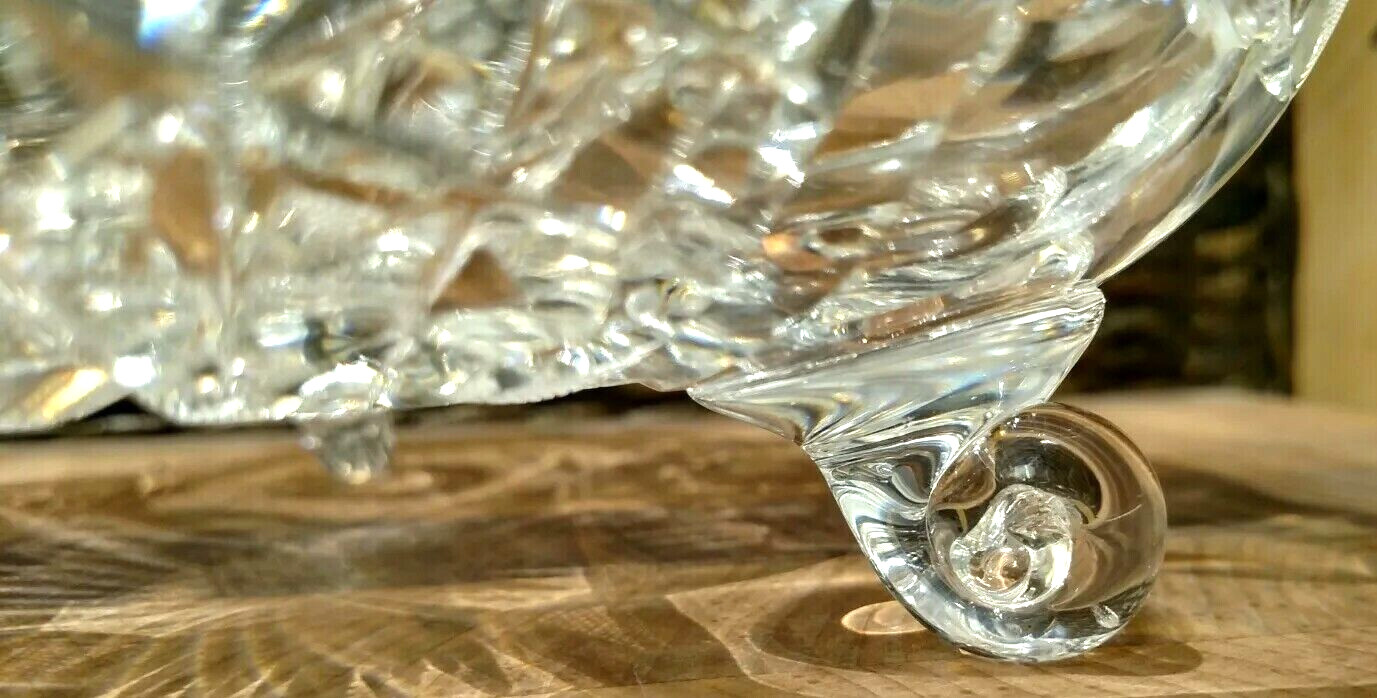 Czech Bohemian Glass Footed Bowl, Cut Lead Crystal Decorative, EUC