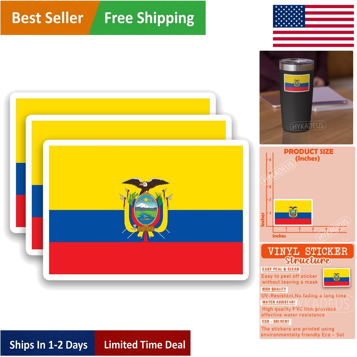 Versatile Ecuadorian Flag Vinyl Decals (3 Count) – Perfect for Laptops & Bottles