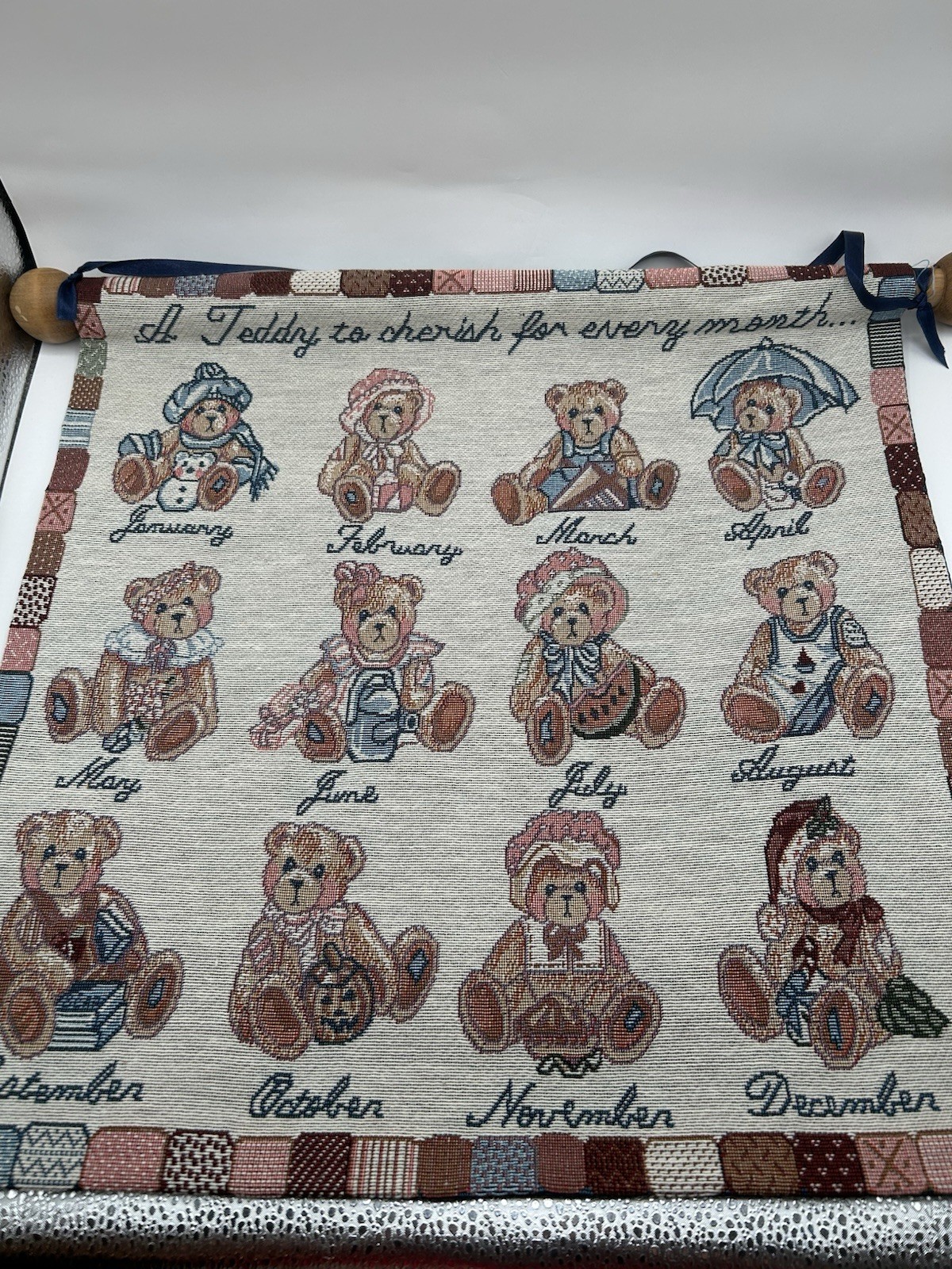 Vintage Cherished Teddies Tapestry Wall Hanging Calendar Months 1990s 17&Prime;x17&Prime;