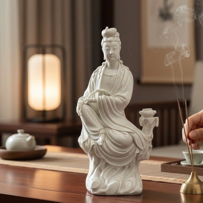 Vintage Blanc de Chine Guan Yin Porcelain Statue 11.5&Prime; White Figurine