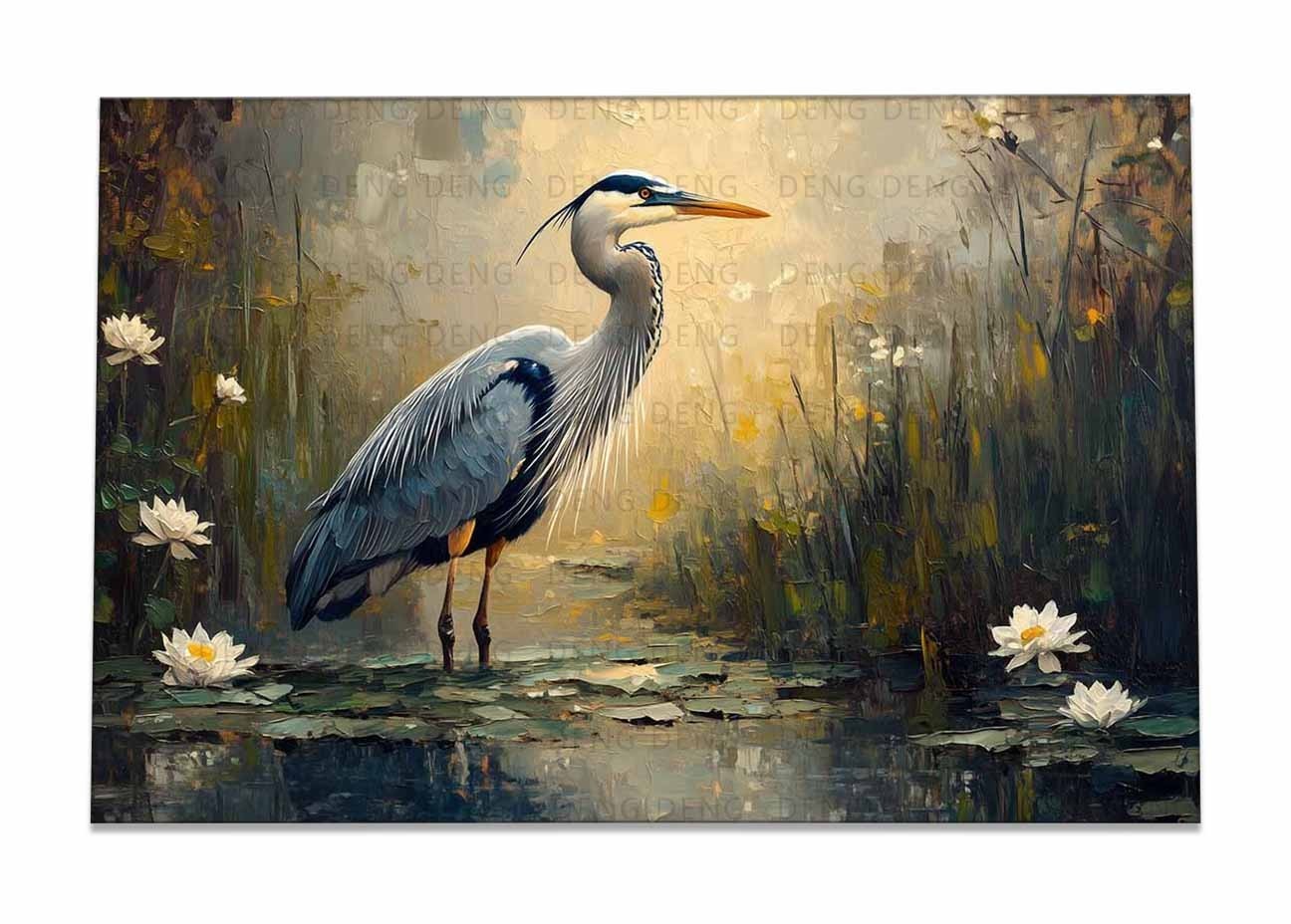Blue Heron Giclée Canvas Print,Impressionist Bird Art,Water Lilies Nature Decor