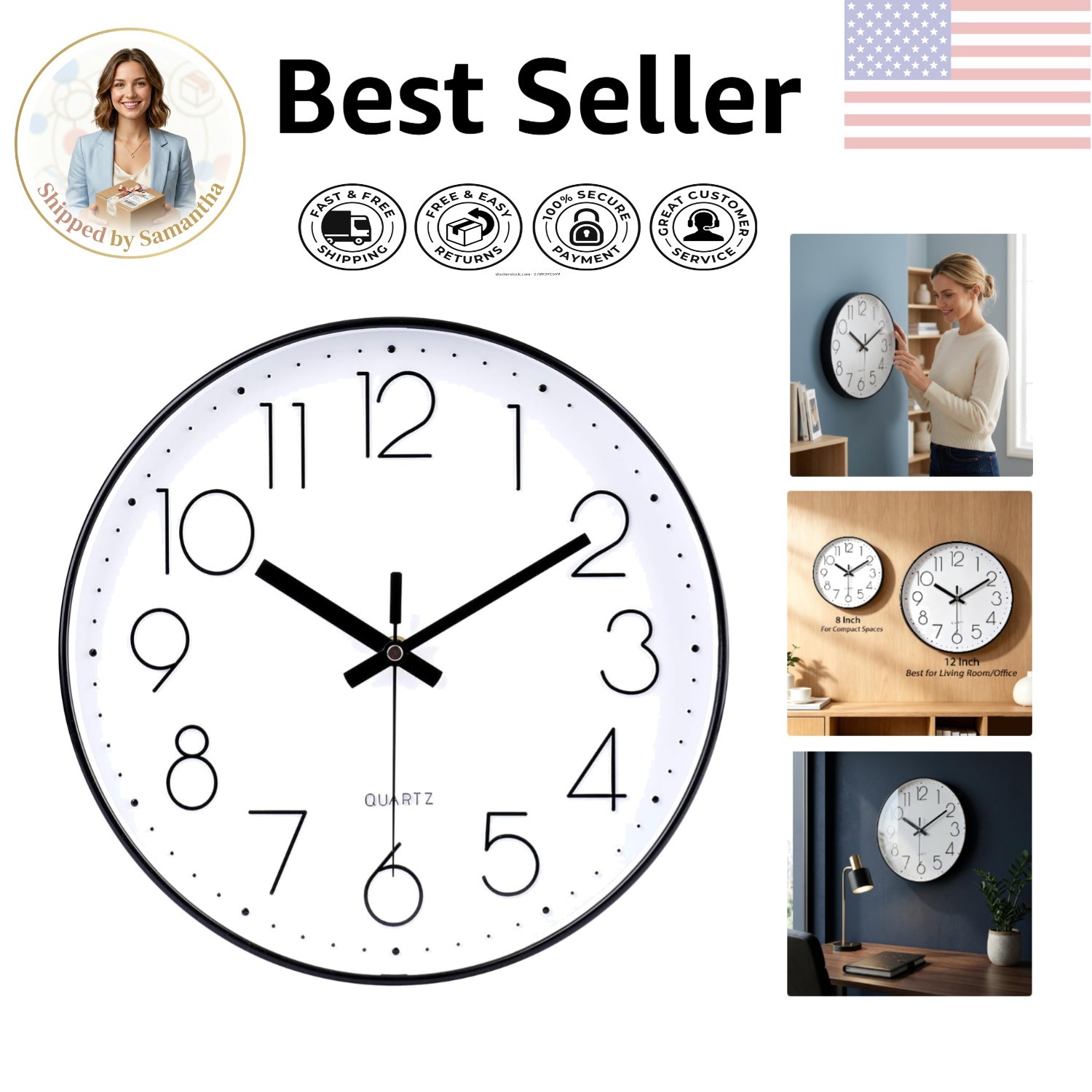 Elegant 12 Inch Quartz Wall Clock – Silent, Large Display for Home & Office