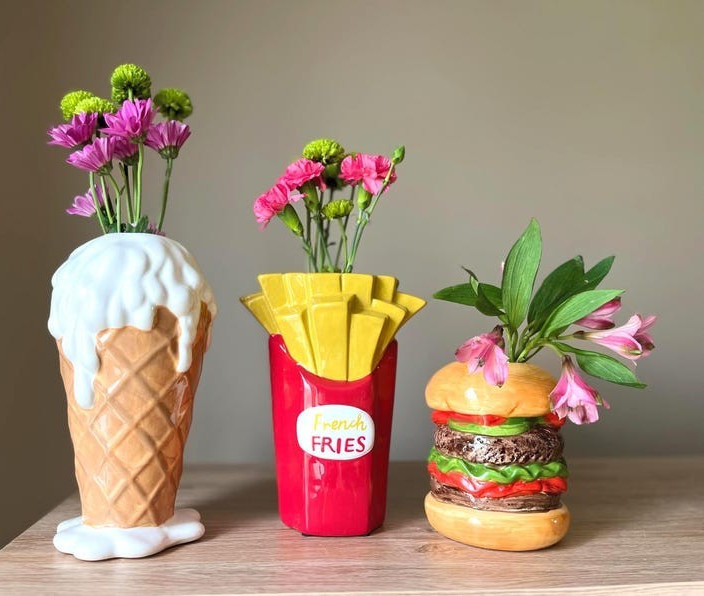 Ceramic Novelty Food Flower Vase Set Ice Cream, Fries & Burger Multicolor