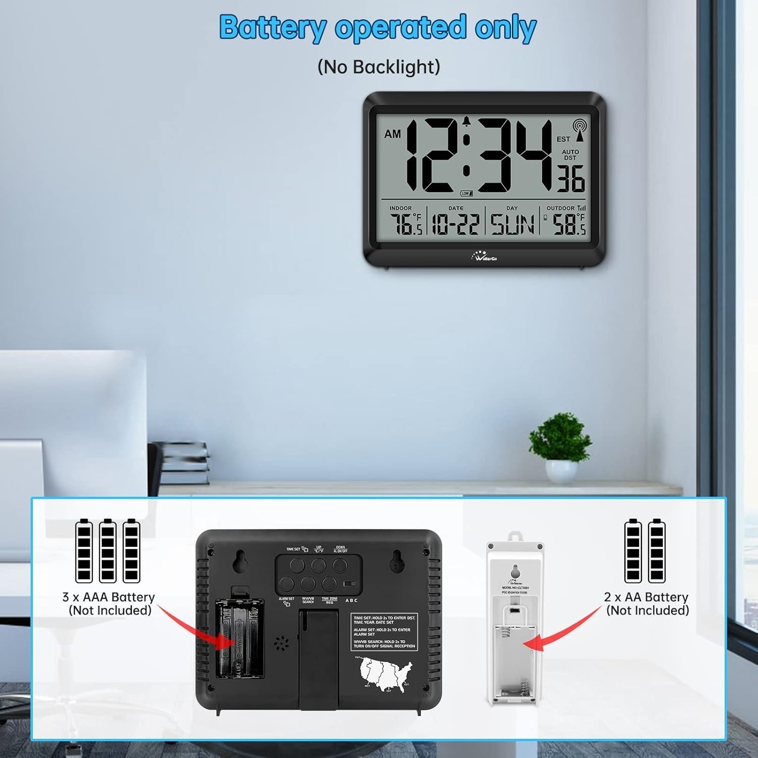 WallarGe Atomic Clock with Indoor Outdoor Temperature, Self-Setting Wall Clock