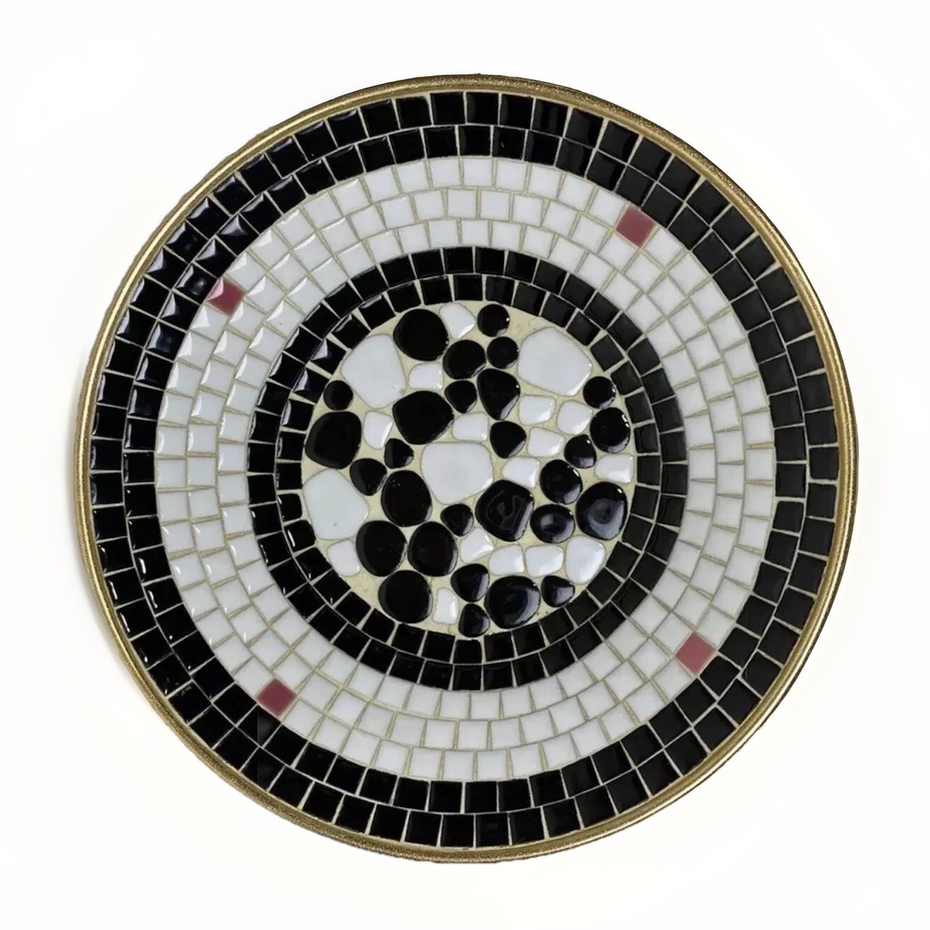 VTG Mosaic Ceramic Tile Bowl 10” Pebble Art Gold Bottom Black White Red Decor