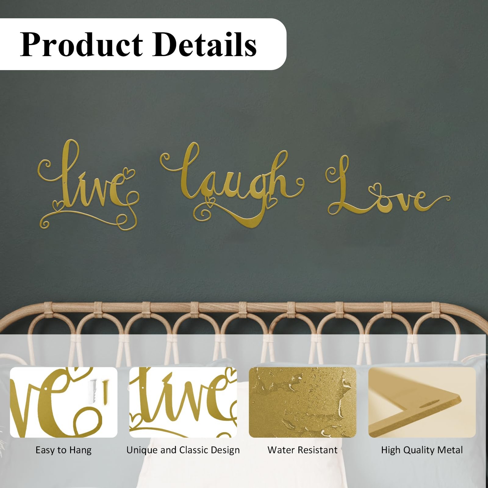 3 Pieces Gold Metal Letter Sign Decor &lsquo;Live Laugh Love&rsquo; WordArt Wall Art Deco…