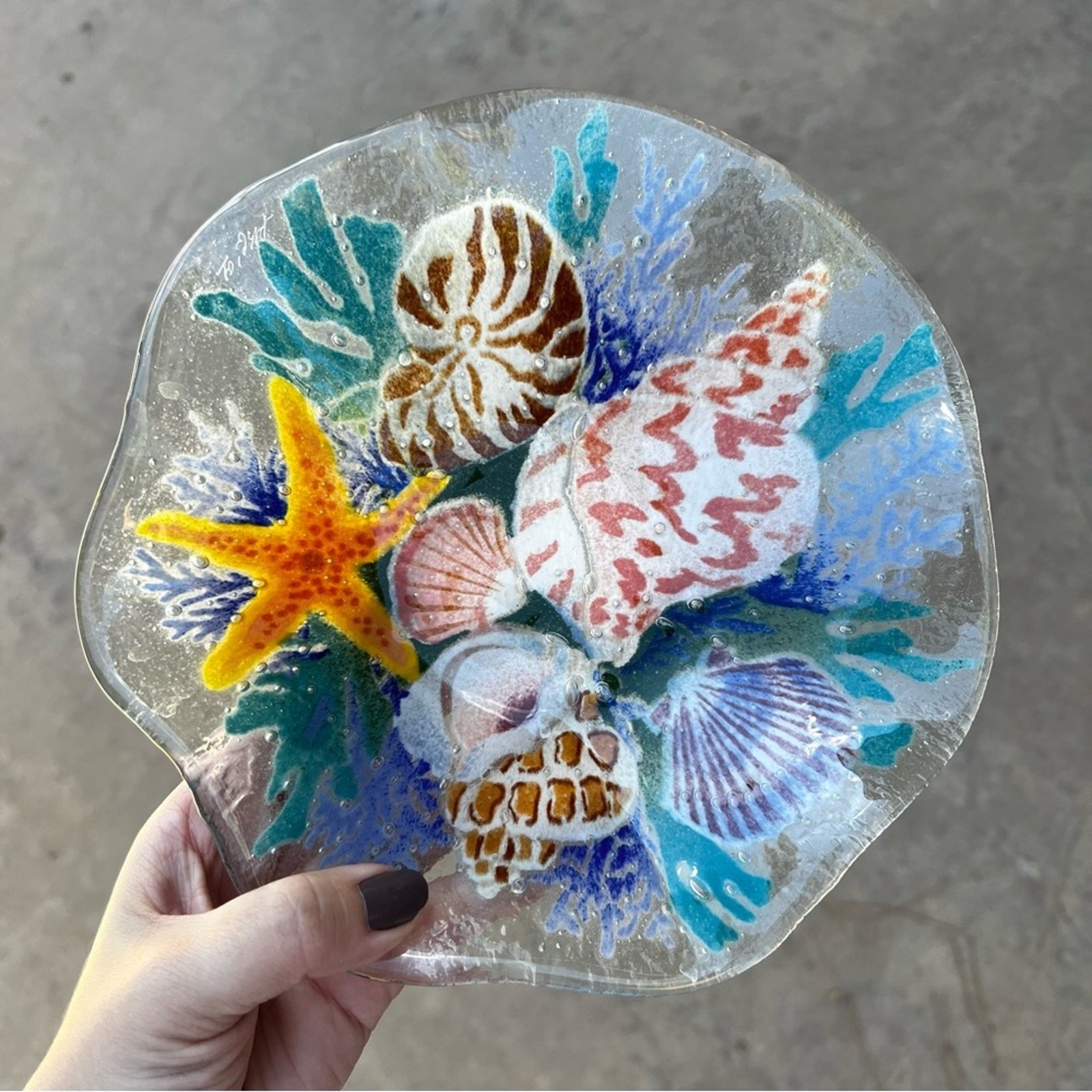 Peggy Karr Seashells Fused Glass Ruffle Edge Bowl 8&Prime; Signed Nautical Beach Ocean