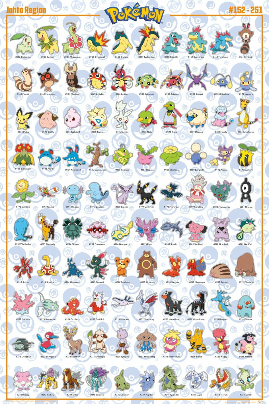 Pokemon – TV Show / Gaming Poster (100 Johto Region Pokemon) (Size: 24&Prime; x 36&Prime;)