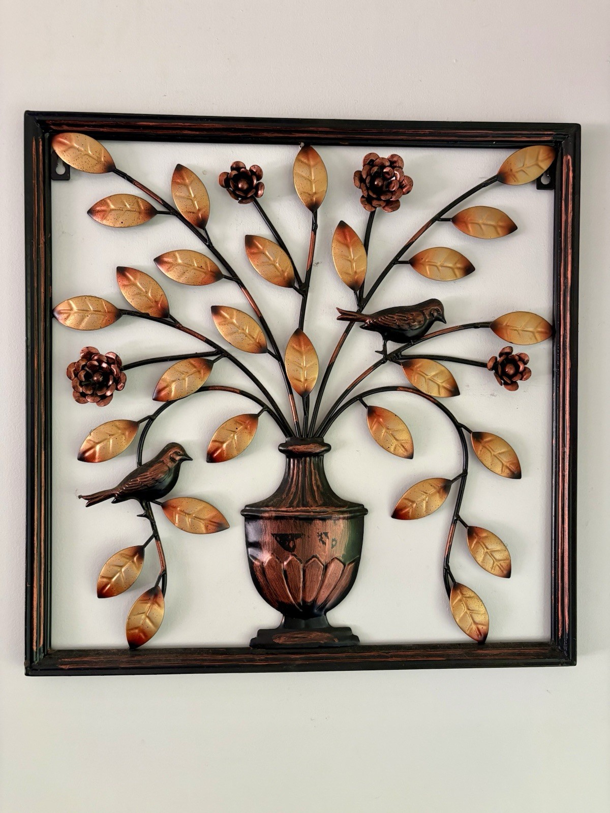 Decorative Metal Silhouette with Plant, Leaves & Birds 19” X 19”