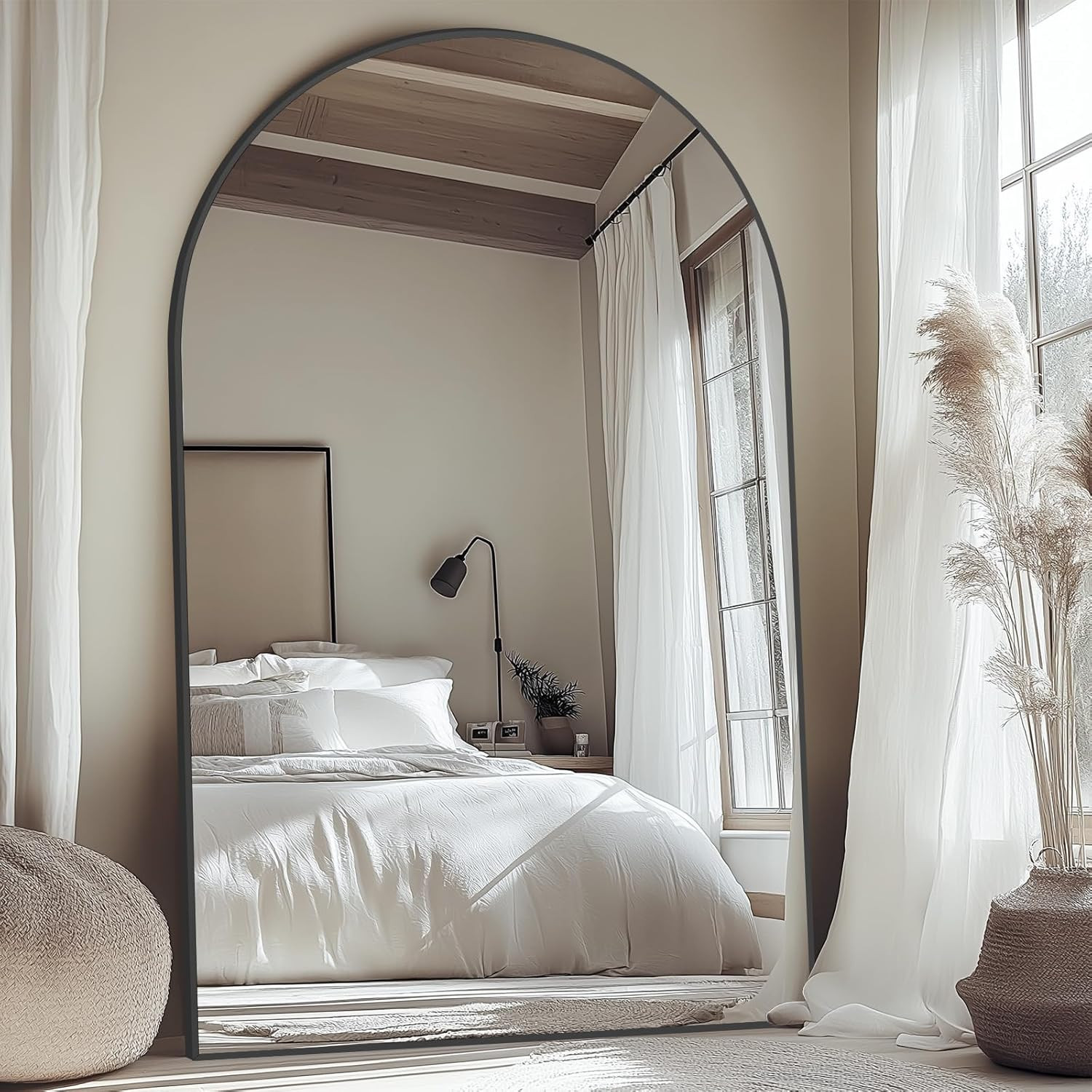 72&Prime; Extra Large Arch Floor Mirror – Black Glass & Aluminum Frame