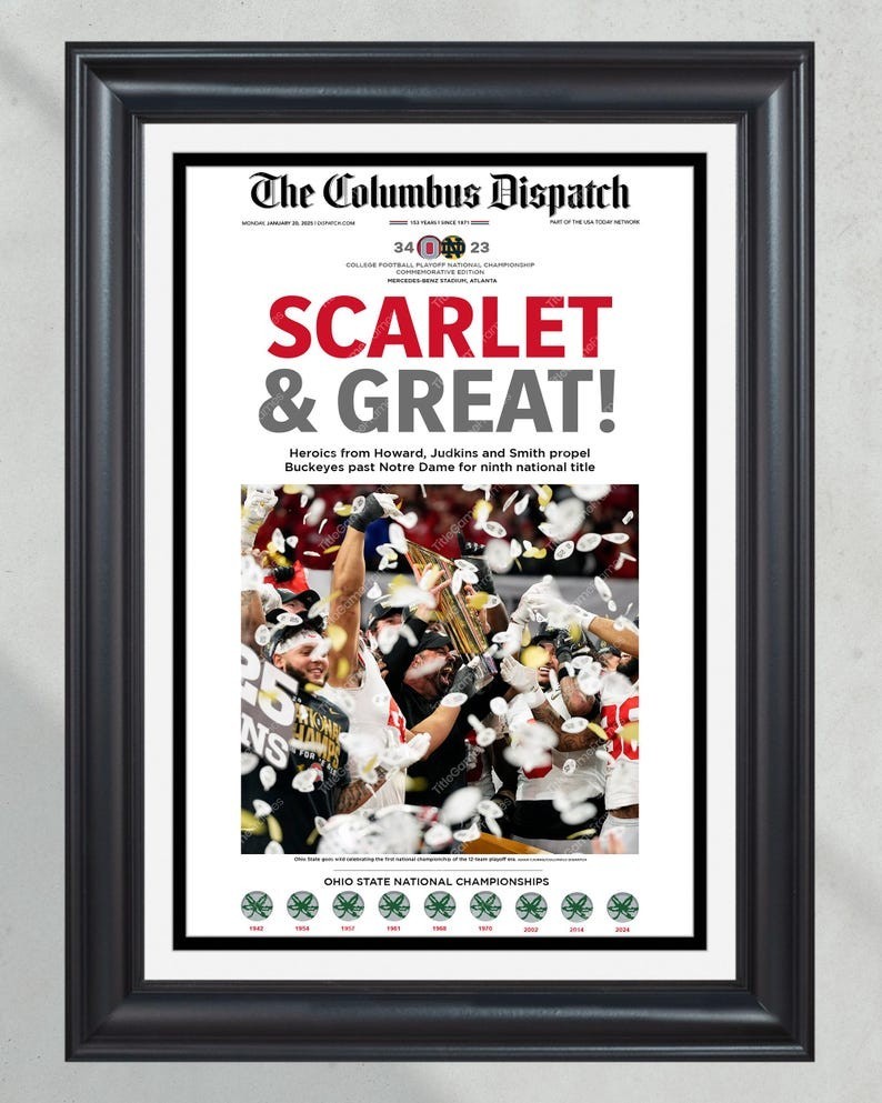 2025 Ohio State Buckeyes CFP Champions Scarlet and Great Newspaper Poster 24×36