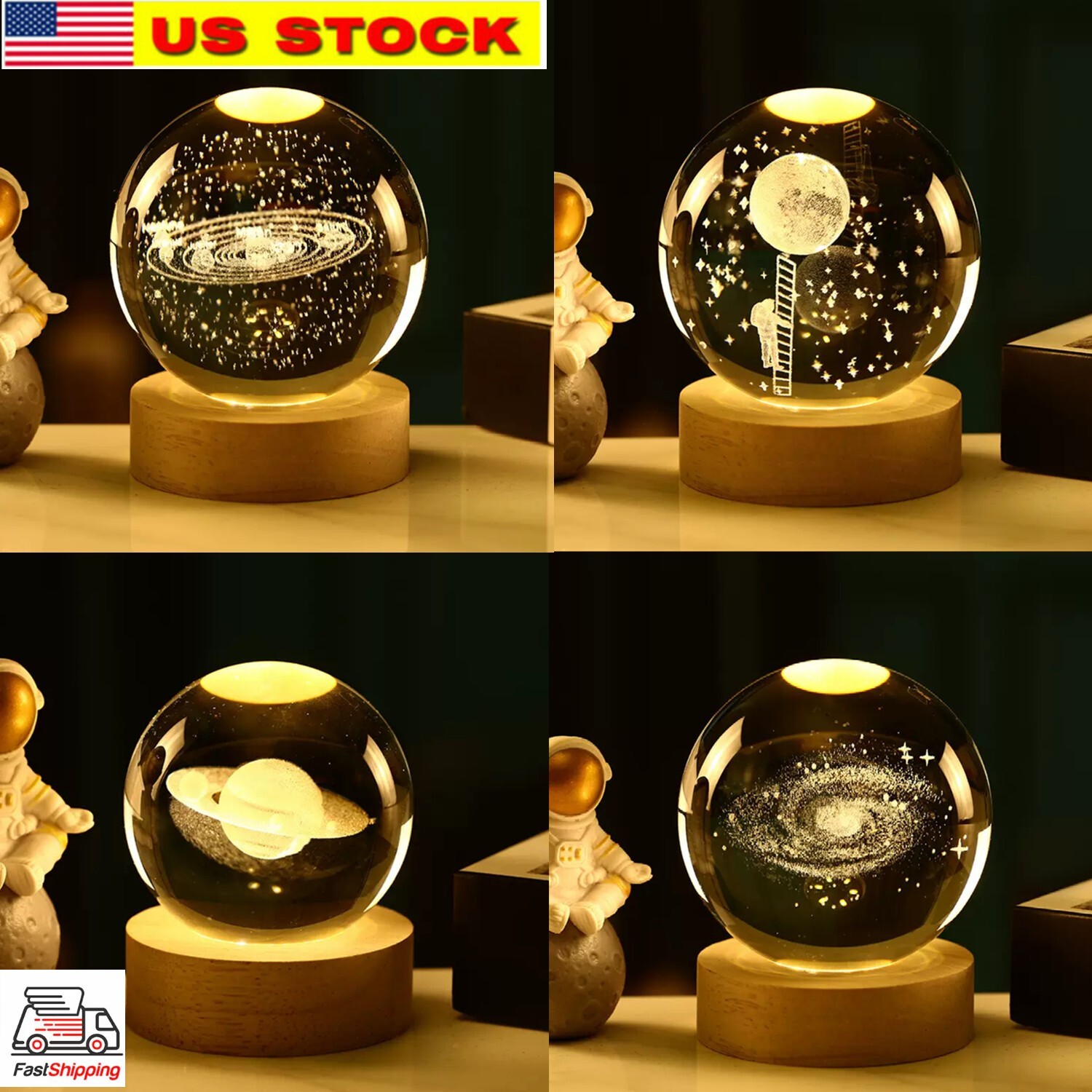 4 Pack 3D Galaxy Crystal Ball with Warm Light 3.14&Prime; Laser Engraved Solar System