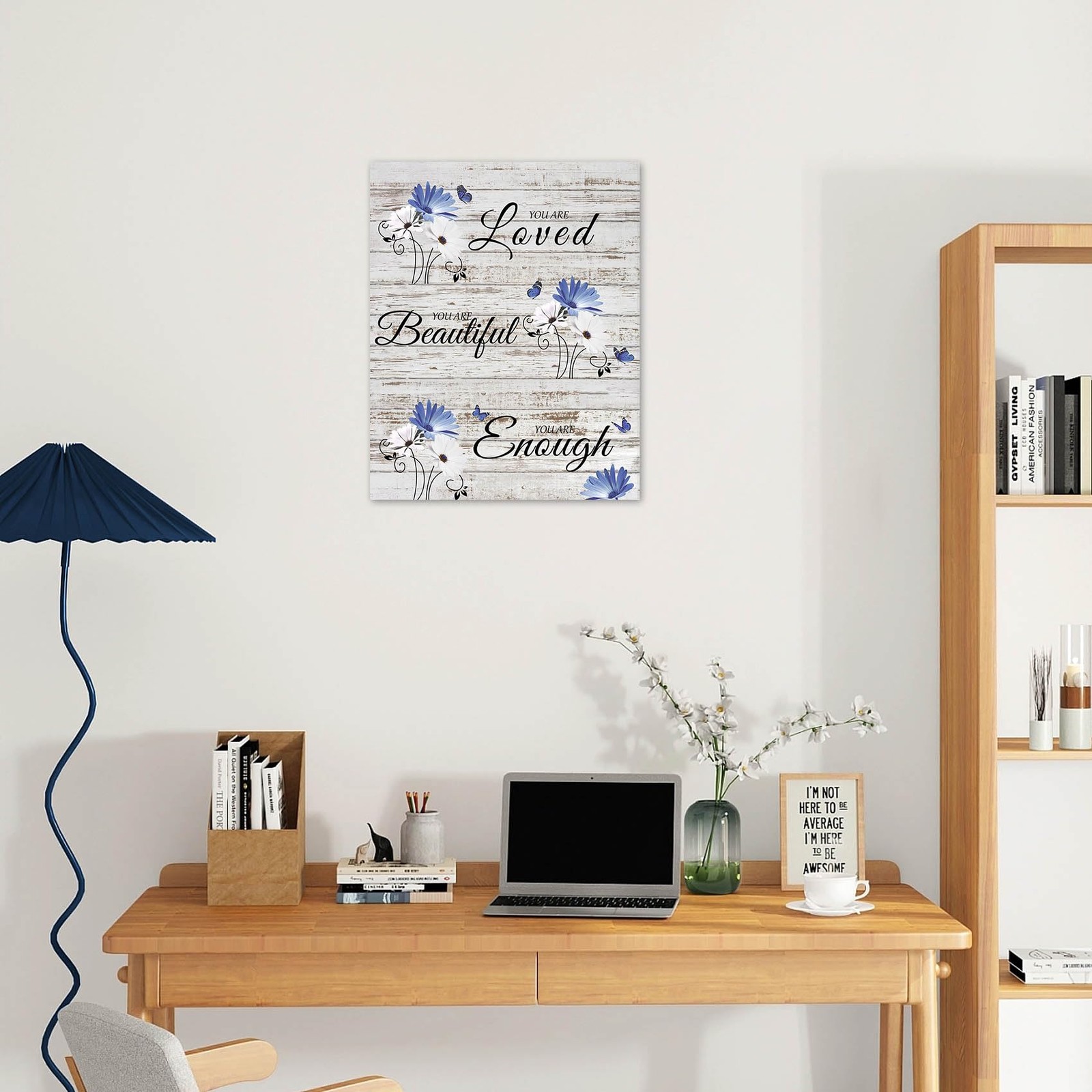 Farmhouse Blue Floral Wall Art Blue White Daisy Flower Butterfly on Rustic Wo…