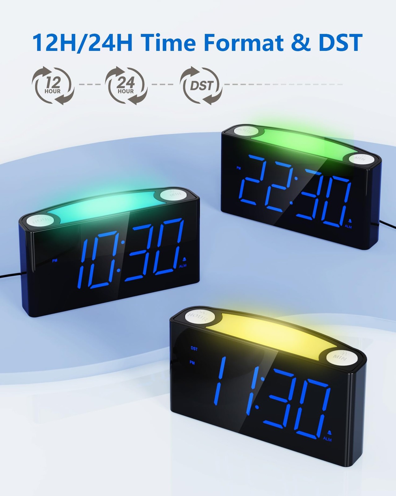 Digital Alarm Clock for Bedroom – 7 Color Night Light, USB and Type-C Charger,7.
