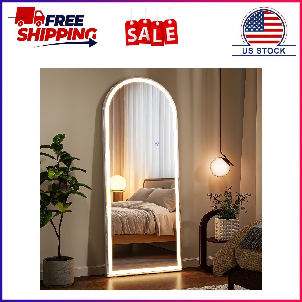Mirstory 21&Prime;x64&Prime; LED Full Length Mirror Arched Floor Mirror Wall Mounted, White
