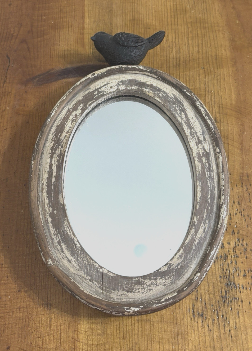 Vintage Small Rustic Farmhouse Oval Wood Frame Bird Mirror 8.5&Prime; x 6.5&Prime;