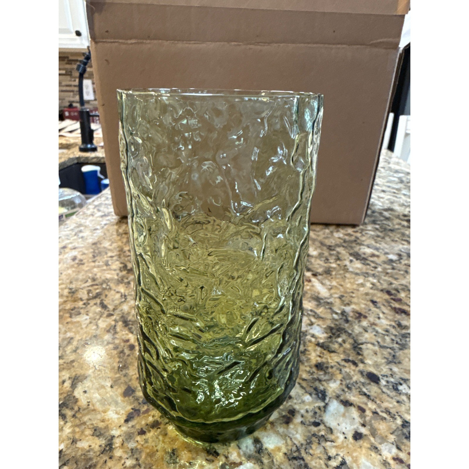 Vintage MCM Olive Green Bark Textured Glass Vase 6.5 Inch Retro Crinkle Cylinder