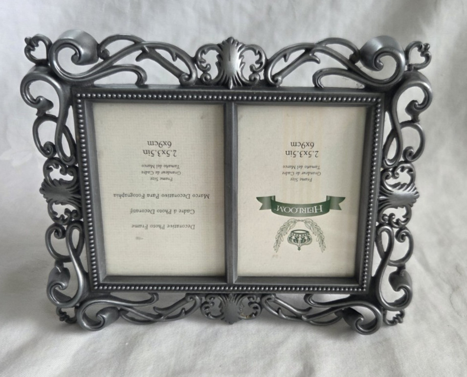 Heirloom Double 2.5 X 3.5 inch FRAME PEWTER METAL SILVER Ornate Scroll