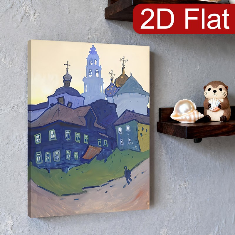 Russian Village Church Landscape Canvas Wall Art, Colorful Folk Art Home Decor