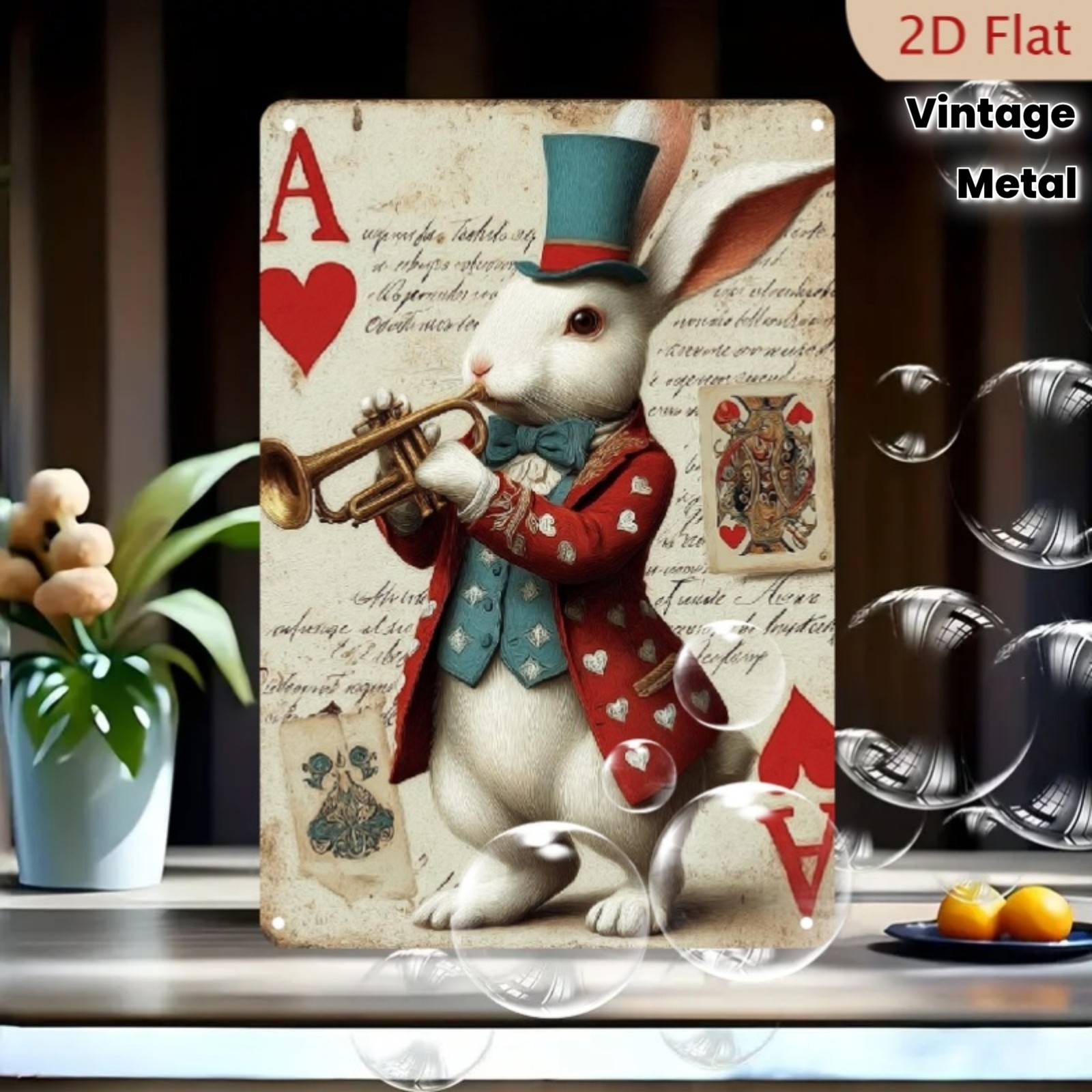 White Rabbit Metal Sign Vintage Ace of Hearts Playing Card Magic Bunny Decor
